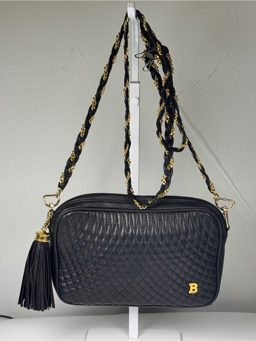Bally Black Lambskin Quilted Crossbody with Gold Chain Tassel zipper pull